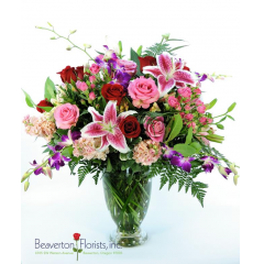 Beaverton Florists Beaverton - Stunning. Gorgeous. Impressive. Just a few of the words that can attempt to describe the Bridgetown Beauty. It combines elements of pink, red, purple - soft stock, exotic orchids, fragrant lilies and sweet roses.  Available in the regular, deluxe or premium sizes. 