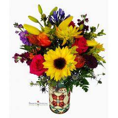 Beaverton Florists Beaverton - Summer vibes in a really bright arrangement.

From the colors of the sunset , the bold Sunflowers and amazing roses, to the seasonal fillers, this arrangement is an statement of happiness.

*Assorted ceramic vases, 

THIS ITEM NOT AVAILABLE FEB 9-14