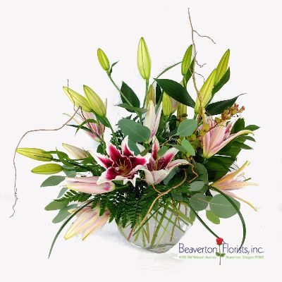 Beaverton Florists Beaverton - THIS WEEK ONLY!!!

Beautiful arrangement of ASSORTED COLORFUL LILIES (VARIETIES OF ORIENTAL AND ASIATIC IN MIXED COLORS) in a clear vase! 
Stunning flowers and greenery! 

Note: Seasonal colors.
*LOCAL DELIVERY OR PICK UP ONLY!
**Note: Hospitals do not accept lilies.