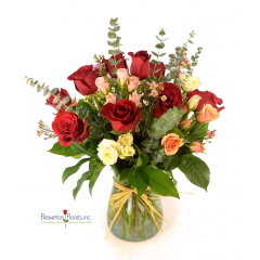 Beaverton Florists Beaverton - Vase arrangement featuring a dozen red roses with a selection of soft colored spray roses. 
Unique combination of greenery, roses and filler in a fresh and classy arrangement.
NOTE: Available also mix color dozen roses with a selection of spray roses
