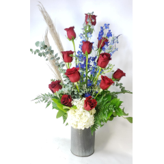 Beaverton Florists Beaverton - A dozen Red roses with White hydrangea and Blue Delphinium in a Patriotic Bouquet