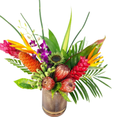 Beaverton Florists Beaverton - Our weekly Tropical Bouquet in a beautiful copper glass vase. 

The selection of tropical flowers and greens will vary week to week. 